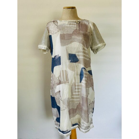 Elisa Cavaletti Women's Medium Italian Sequin Mesh Overlay Dress Beige/Blue - Picture 15 of 15